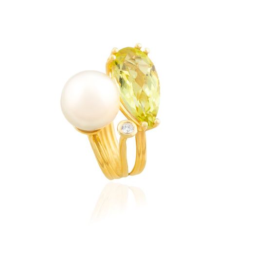 01-01027B Anillo elegante mujer de oro, cuarzo y perla Australiana con diamante talla brillante