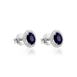 02-183974 Pendientes mujer de oro blanco con rosetón de diamantes y zafiro oval central