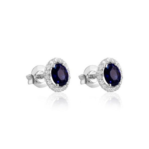02-183974 Pendientes mujer de oro blanco con rosetón de diamantes y zafiro oval central