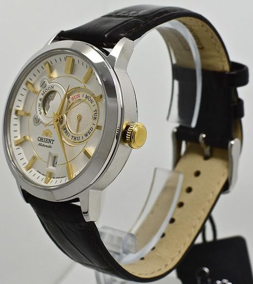 Reloj Orient de hombre automático 147-FET0P004W0 Indicador del día de la semana y calendario, indicador del sol y luna.