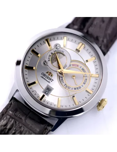 Reloj Orient de hombre automático 147-FET0P004W0 Indicador del día de la semana y calendario, indicador del sol y luna.