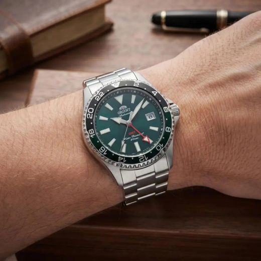 147-RA-BC0002E30B Reloj Orient automático hombre MAKO GMT – esfera verde, calendario sumergible 200 metros