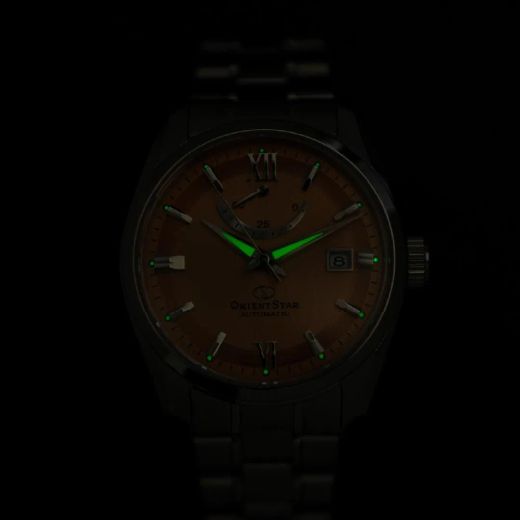 149-RE-AU0108G00B Reloj Orient Star automático para hombre esfera rosa muy elegante 50 metros acero inoxidable 316L reserva de carga 50H