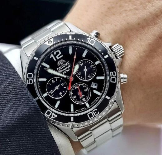 150-RA-TX0202B10B Reloj Orient carga Solar de hombre cronógrafo, calendario, bisel negro, para buceo sumergible a 200 metros (20 atm)