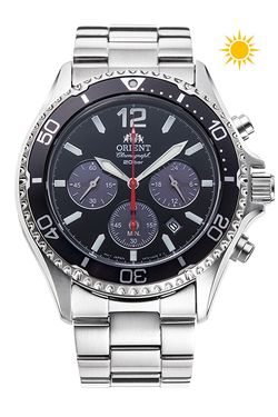 150-RA-TX0202B10B Reloj Orient carga Solar de hombre cronógrafo, calendario, bisel negro, para buceo sumergible a 200 metros (20 atm)