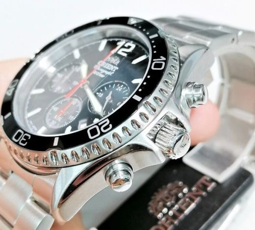 150-RA-TX0202B10B Reloj Orient carga Solar de hombre cronógrafo, calendario, bisel negro, para buceo sumergible a 200 metros (20 atm)