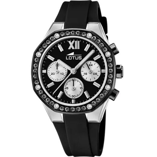 Reloj Lotus de mujer elegante 18875/4 correa de caucho negro y caja de acero 316L inoxidable
