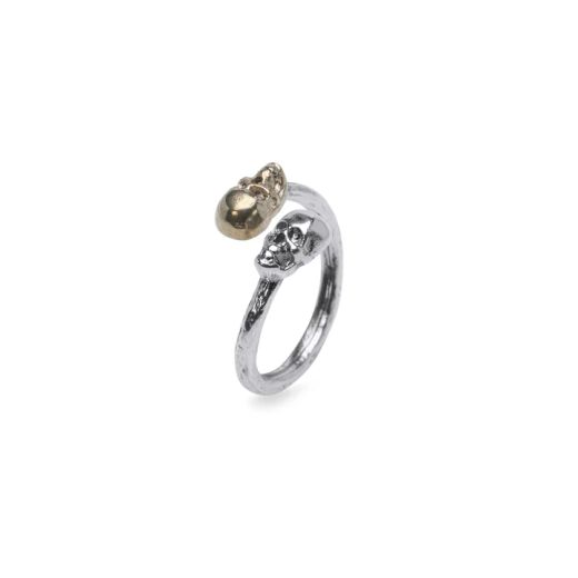 SR031X Anillo Plata de Palo dos calavera modelo Rif en plata de 1ª ley 925, cuero y bronce