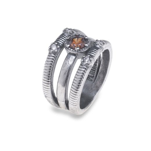 WR103X Anillo Plata de Palo mujer de Plata 925 con circonitas blancas y circonita central marrón anillo elaborado artesanalmente con tres aros de Plata 925