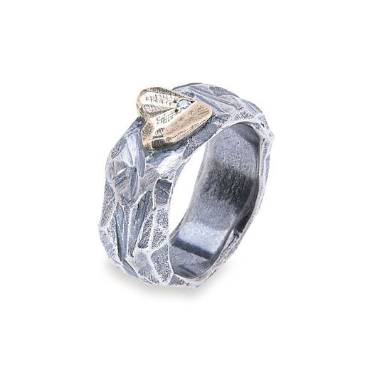 BR001B Anillo Plata de Palo de hombre con plata y corazón en bronce