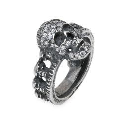 SR029X Anillo Plata de Palo unisex con calaveras de plata y circonitas blancas