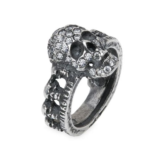 SR029X Anillo Plata de Palo unisex con calaveras de plata y circonitas blancas