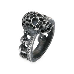 SR028X Anillo PLATA DE PALO unisex modelo Mugen con calaveras de plata y circonitas negras