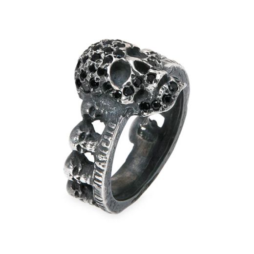 SR028X Anillo PLATA DE PALO unisex modelo Mugen con calaveras de plata y circonitas negras