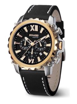 Reloj DUWARD de hombre caja 316L tratamiento IP oro modelo AQUASTAR Niza Ref. D85516.12 correa piel negra con esfera negro cristal zafiro y cronógrafo