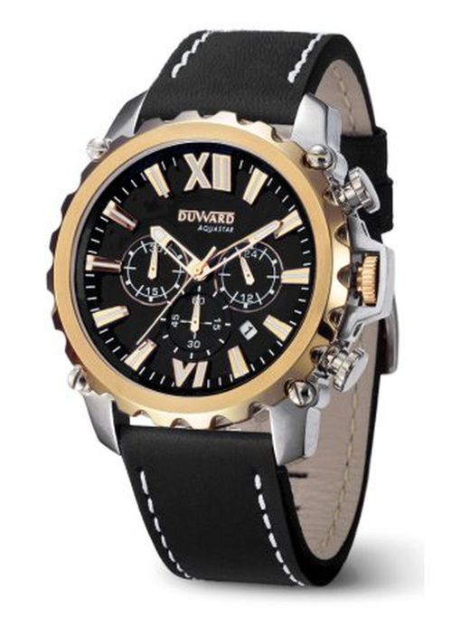 Reloj DUWARD de hombre caja 316L tratamiento IP oro modelo AQUASTAR Niza Ref. D85516.12 correa piel negra con esfera negro cristal zafiro y cronógrafo