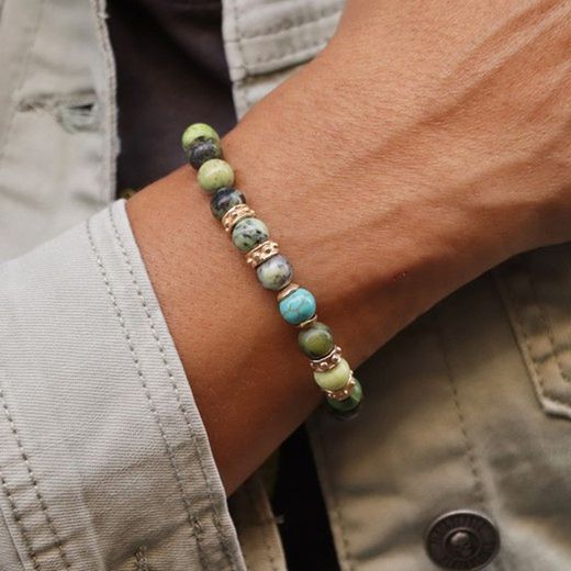 BB046A Pulsera Plata de Palo elástica modelo FATUM unisex con Jade y Turquesa