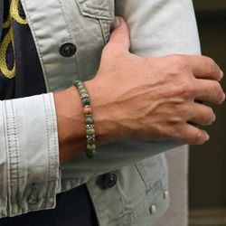 BB047A Pulsera Plata de Palo elástica colección JADIS unisex con Jade verde y Jade madera