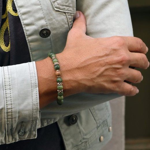 BB047A Pulsera Plata de Palo elástica colección JADIS unisex con Jade verde y Jade madera