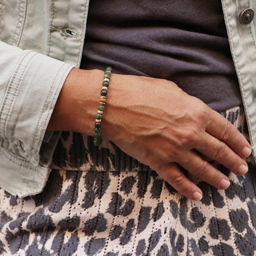 BB047B Pulsera Plata de Palo elástica modelo GALDUR unisex con Jade verde