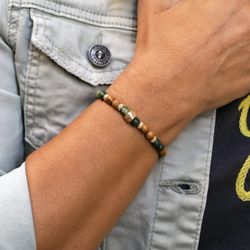 BB047C Pulsera Plata de Palo elástica colección KESEM unisex con Jade verde y Jade madera
