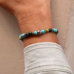 BB048A Pulsera Plata de Palo elástica MAHIKA unisex con Jade y Turquesa