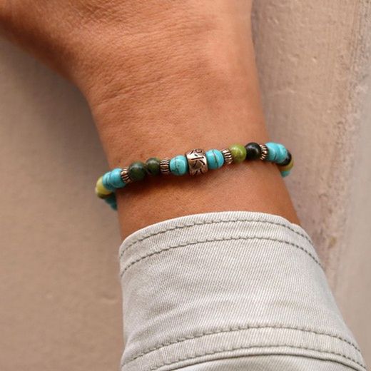BB048A Pulsera Plata de Palo elástica MAHIKA unisex con Jade y Turquesa