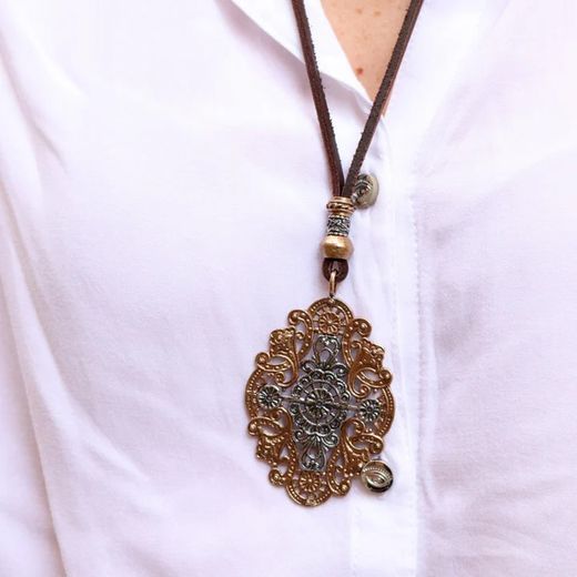 BN012X Collar PLATA DE PALO Unisex de cuero, bronce y detalles de plata