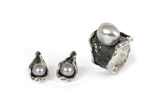 BRU1204pe Conjunto la bruixeta pendientes y anillo plata perla barroca