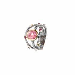 BRU1823s Anillo la bruixeta plata maciza de mujer con turmalinas y cuarzo marrón central