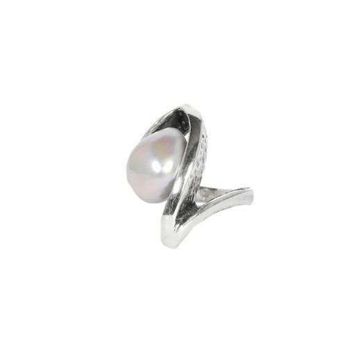 BRU1910s Sortija de mujer la bruixeta plata maciza con perla barroca gris en forma de zig-zag vistosa y atractiva