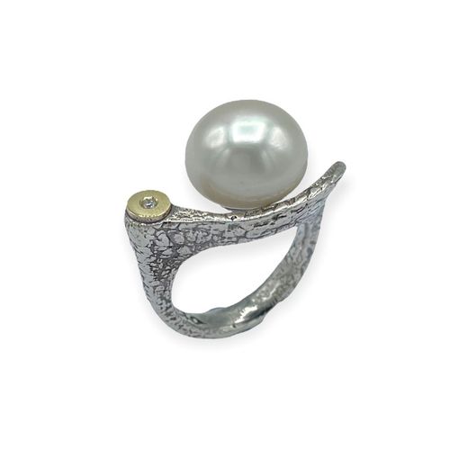 BRU2090SG Anillo la bruixeta plata textura, perla, oro y diamante