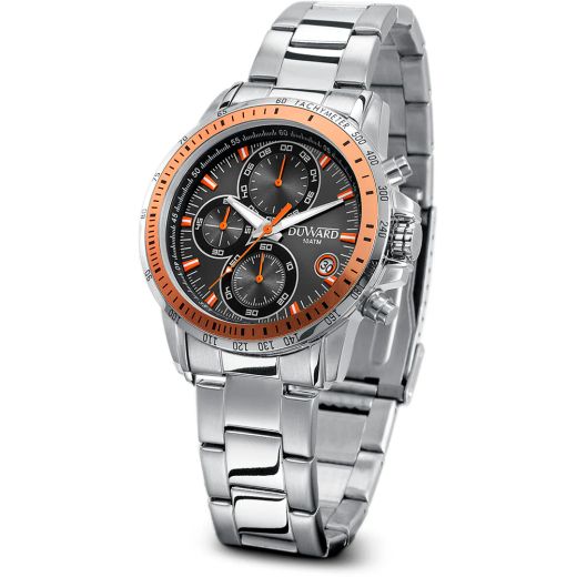 D95519.08 Reloj Duward Caballero. Brazalete acero inoxidable 316L Cronógrafo esfera negra, bisel naranja con calendario