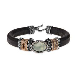 CB135E Pulsera Plata de Palo mujer en cuero, plata, bronce y piedra prehnita ovalada