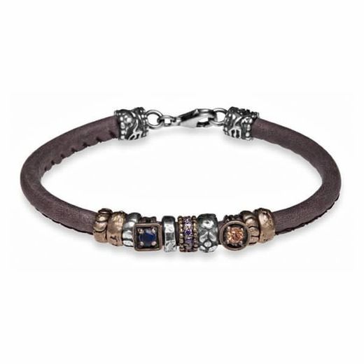 CB37A Pulsera Plata de Palo mujer cuero, bronce y circonitas