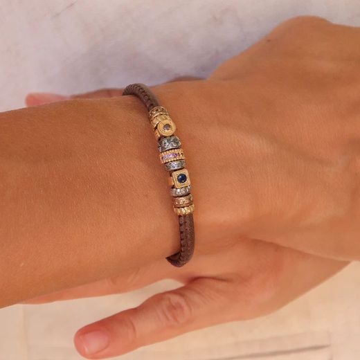 CB37A Pulsera Plata de Palo mujer cuero, bronce y circonitas