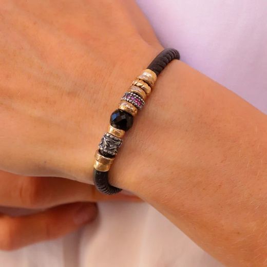 CB37H Pulsera Plata de Palo mujer en cuero, plata, bronce, ónix