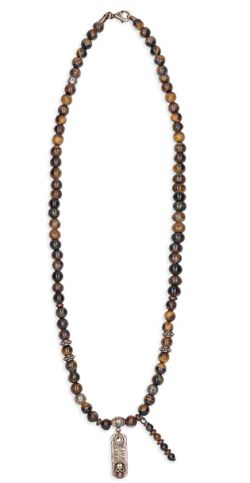 SN049X Collar Plata de Palo Calavera Cúrcuma "live life" de Ojo de Tigre, Bronce y Plata de ley 925