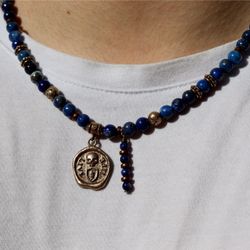 SN050X Collar Plata de Palo hombre calavera modelo Nadir medalla de Lapislázuli, Bronce y Plata 925