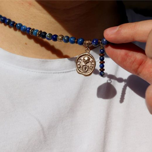 SN050X Collar Plata de Palo hombre calavera modelo Nadir medalla de Lapislázuli, Bronce y Plata 925