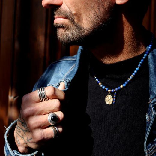 SN050X Collar Plata de Palo hombre calavera modelo Nadir medalla de Lapislázuli, Bronce y Plata 925