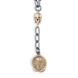SN027X Collar o colgante Plata de Palo chapado en Plata 925 con calavera y piezas de bronce, la pieza de bronce colgante lleva la inscripción "Life Live"