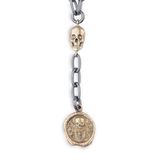 SN027X Collar o colgante Plata de Palo chapado en Plata 925 con calavera y piezas de bronce, la pieza de bronce colgante lleva la inscripción "Life Live"