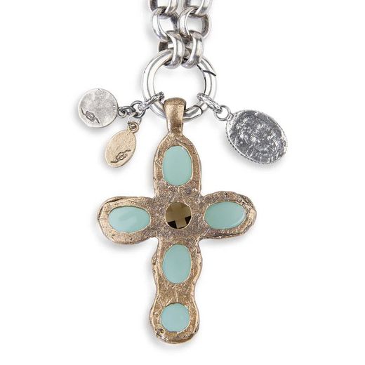 WN207X Collar Plata de Palo chapado en plata de ley 925 con cruz colgante de bronce y piedras elaborado con metal chapado en plata de 10 micras, lo que asegura un acabado brillante y duradero