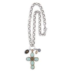 WN207X Collar Plata de Palo chapado en plata de ley 925 con cruz colgante de bronce y piedras elaborado con metal chapado en plata de 10 micras, lo que asegura un acabado brillante y duradero