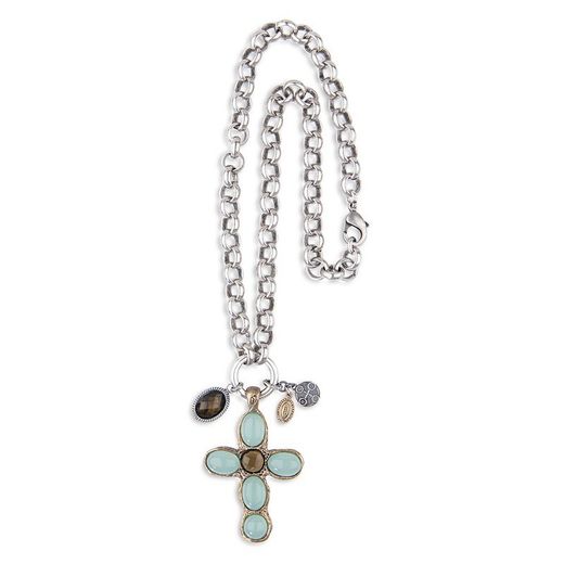 WN207X Collar Plata de Palo chapado en plata de ley 925 con cruz colgante de bronce y piedras elaborado con metal chapado en plata de 10 micras, lo que asegura un acabado brillante y duradero