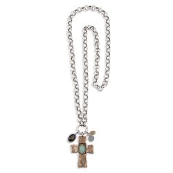 WN208X Collar Plata de Palo unisex chapado en plata 925 con cruz colgante de bronce y piedras con un color agradable y natural