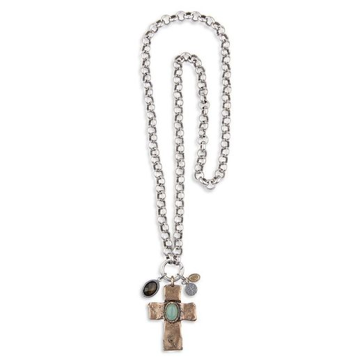 WN208X Collar Plata de Palo unisex chapado en plata 925 con cruz colgante de bronce y piedras con un color agradable y natural