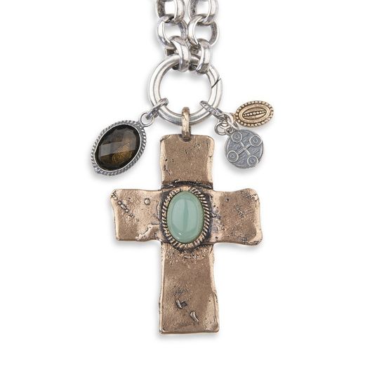 WN208X Collar Plata de Palo unisex chapado en plata 925 con cruz colgante de bronce y piedras con un color agradable y natural