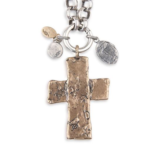 WN208X Collar Plata de Palo unisex chapado en plata 925 con cruz colgante de bronce y piedras con un color agradable y natural